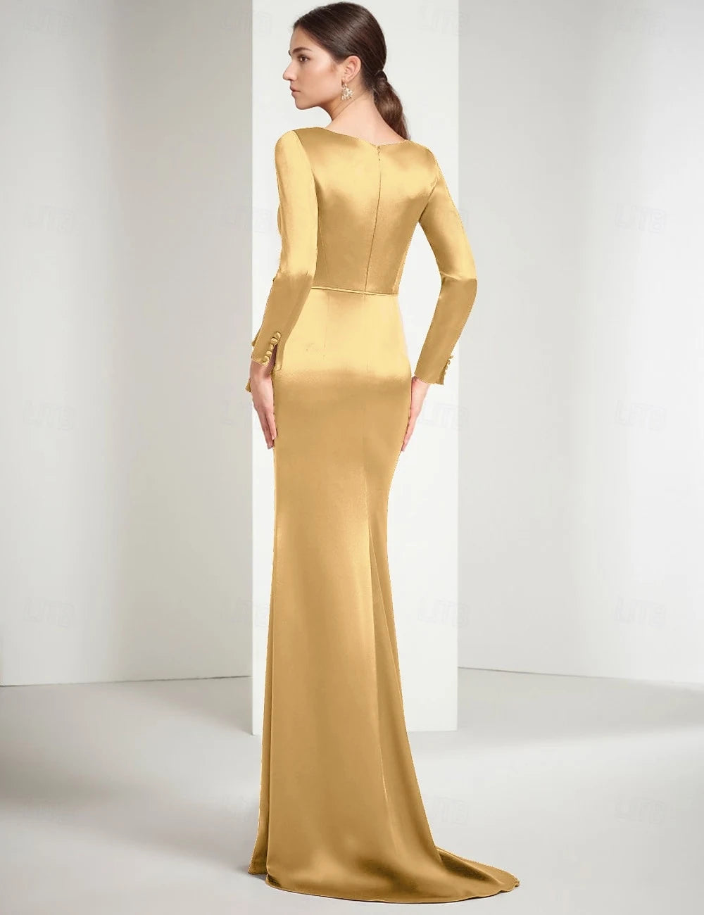 Elegant Fitted V-Neck Long Sleeve Draped Gold Floor-Length Evening Gown
