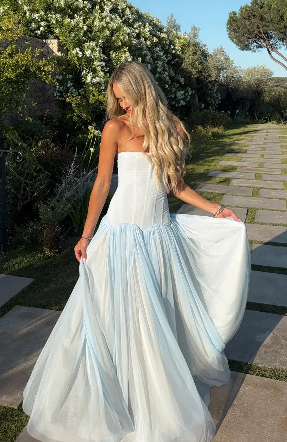 Elegant Flowing Strapless A-Line Chic Dreamy Light Blue Floor-Length Prom Dress