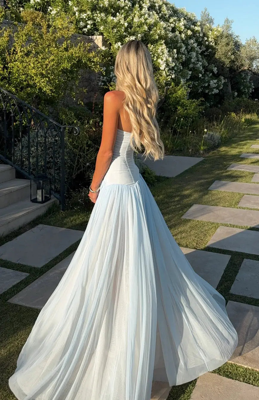 Elegant Flowing Strapless A-Line Chic Dreamy Light Blue Floor-Length Prom Dress
