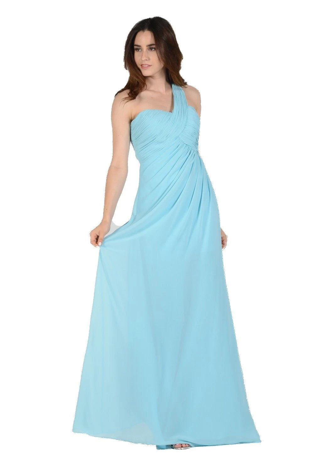 Elegant Flowy A-Line One-Shoulder Sky Blue Floor-Length Prom Gown