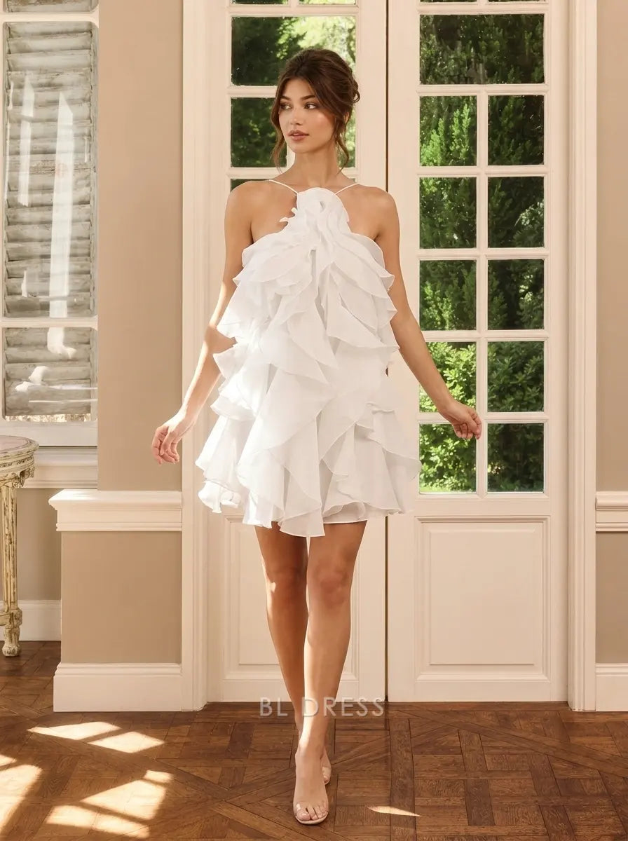 Elegant Flowy Halter Sleeveless Ruffled Tiered White Mini Homecoming Dress Women's