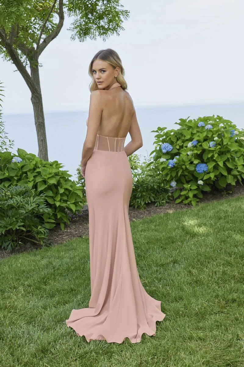 Elegant Halter Trumpet Sleeveless Corset Backless Blush Pink Long Prom Gown