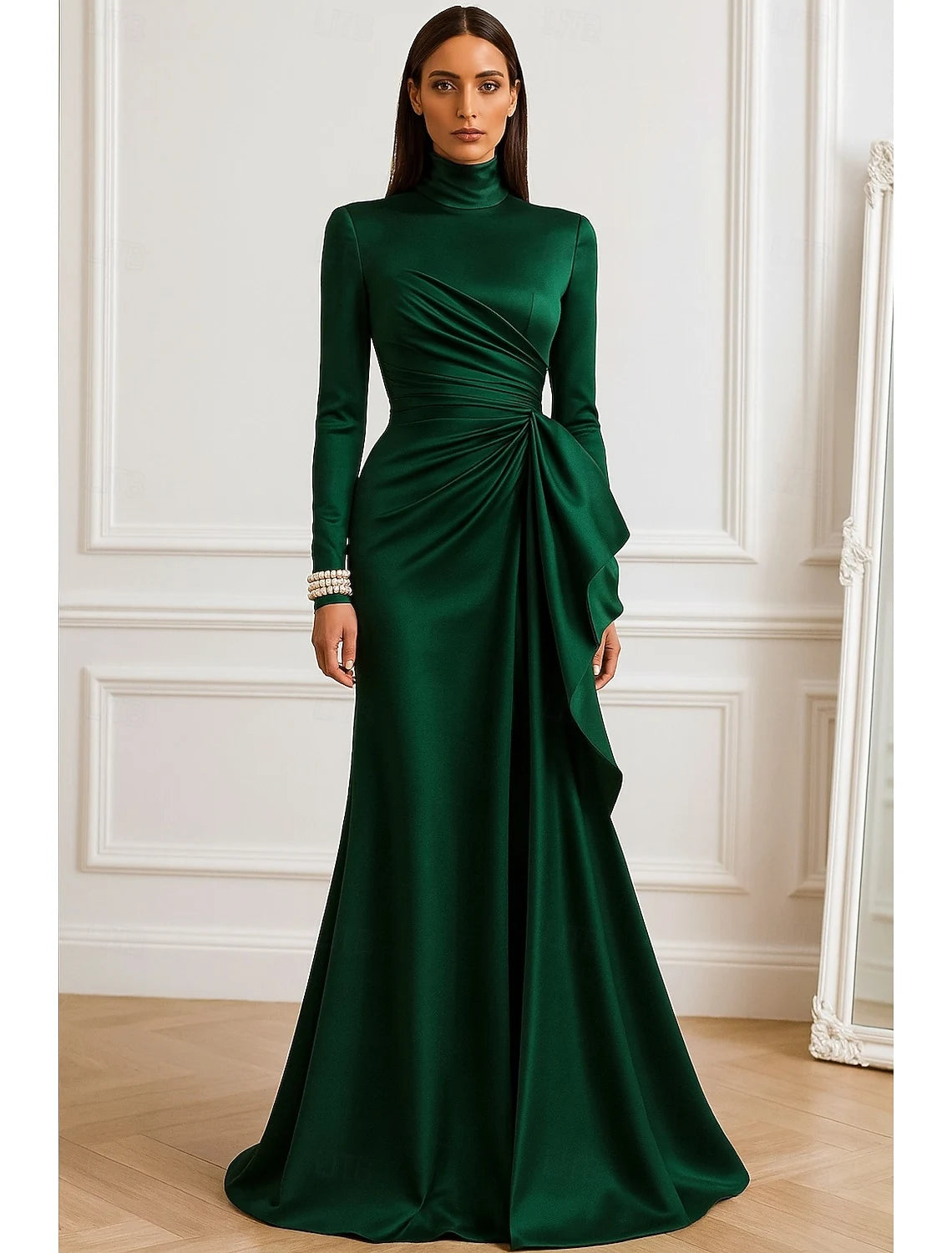 Elegant High Neck Long Sleeve Draped Emerald Green Mermaid Evening Gown