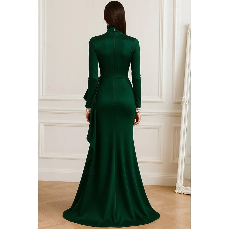 Elegant High Neck Long Sleeve Draped Emerald Green Mermaid Evening Gown