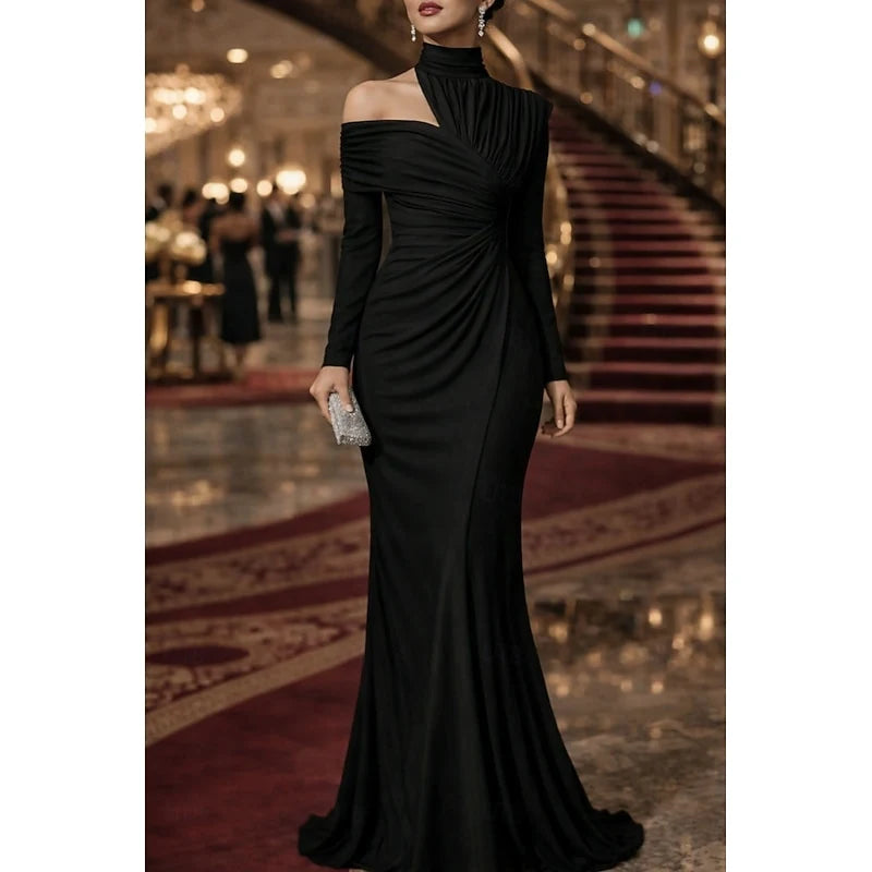Elegant Mermaid Asymmetrical High Neck Long Sleeve Draped Black Floor-Length Evening Gown