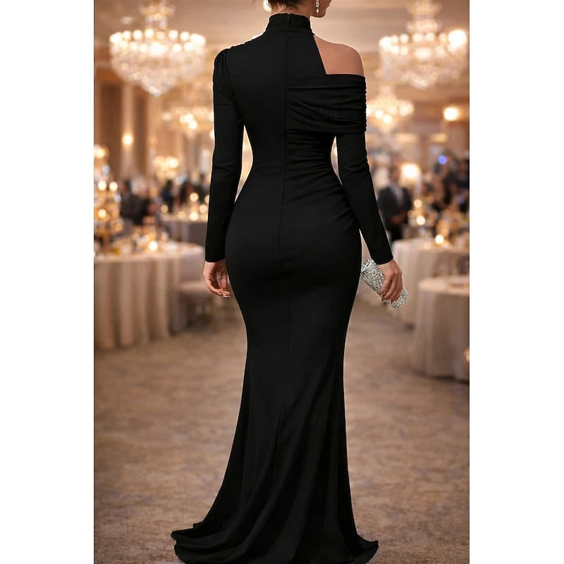 Elegant Mermaid Asymmetrical High Neck Long Sleeve Draped Black Floor-Length Evening Gown