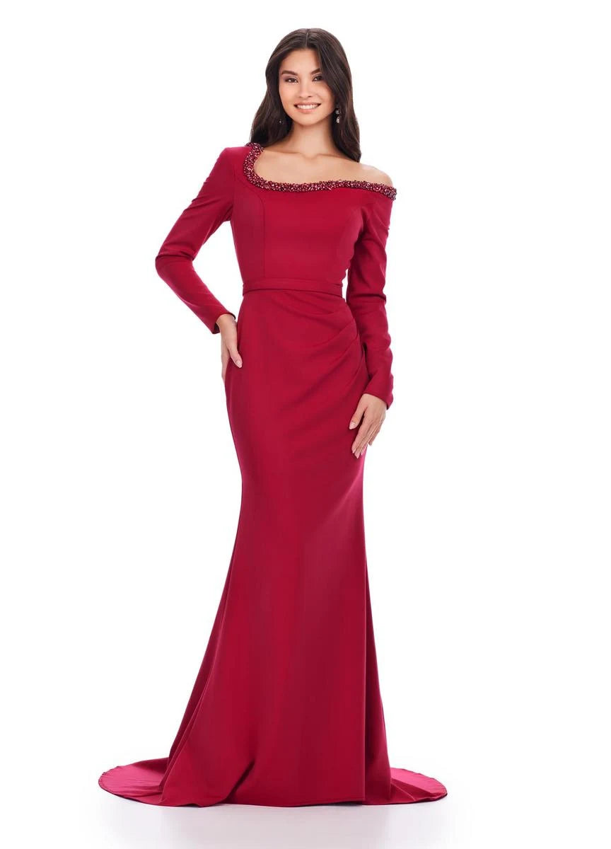 Elegant Mermaid Asymmetrical Long Sleeve Beaded Draped Burgundy Floor-Length Prom Gown