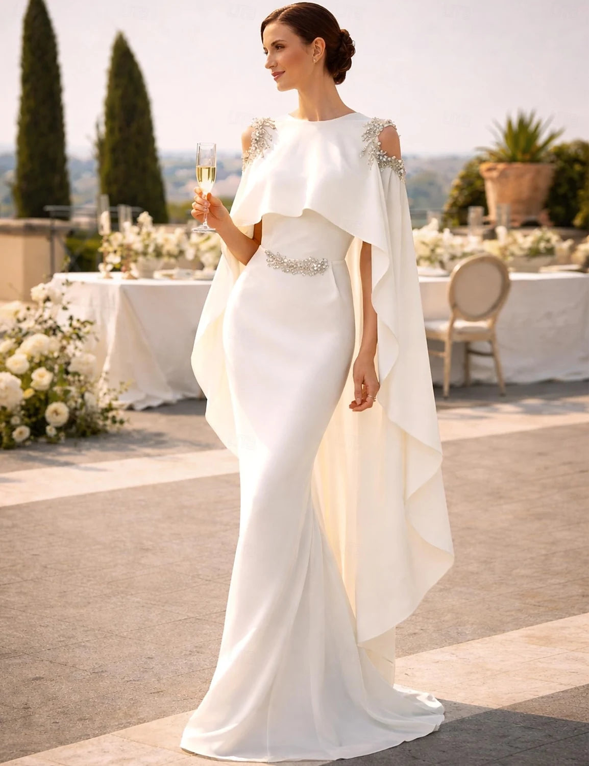 Elegant Mermaid Boat Neck Caped Beaded White Floor-Length Evening Dresses Gown