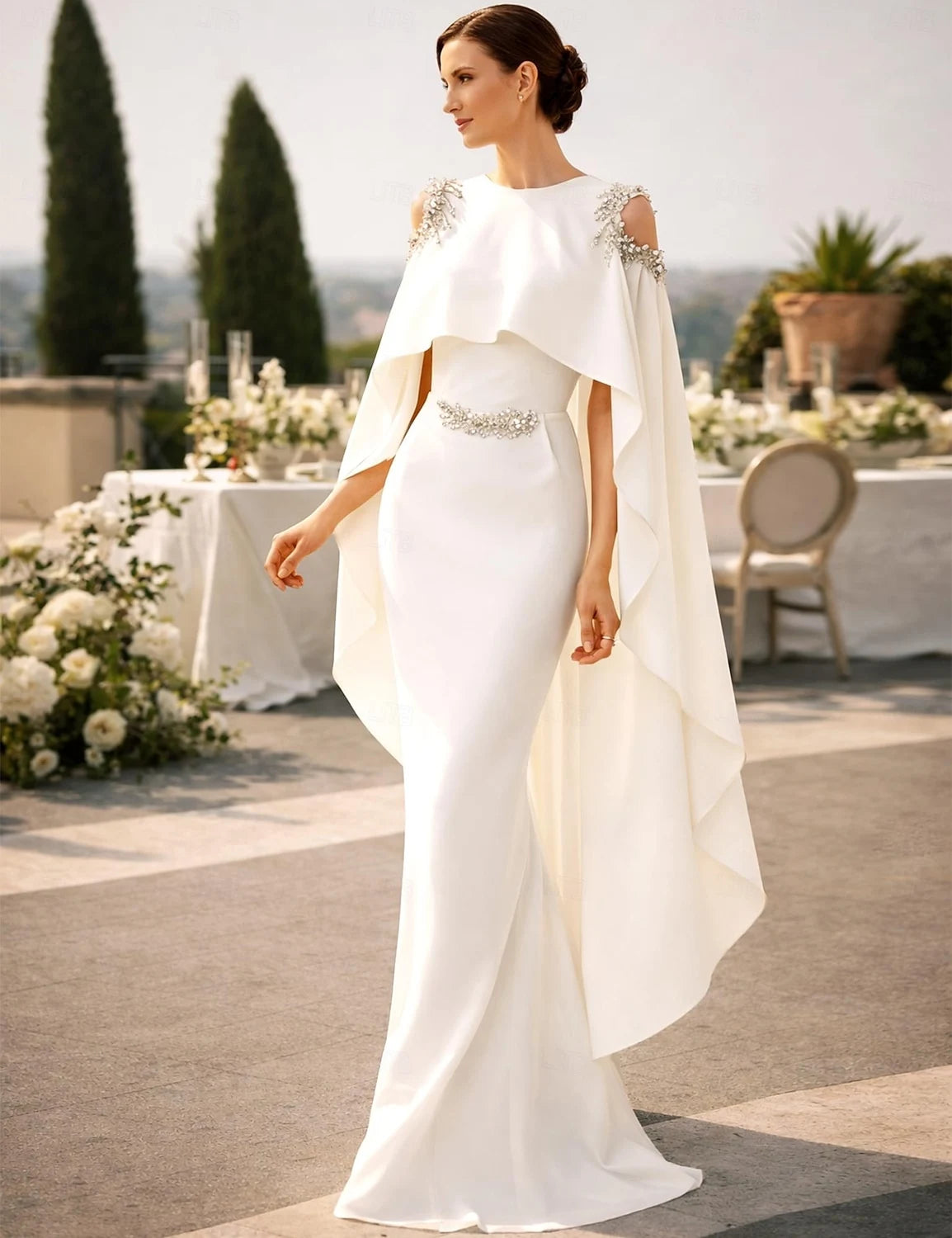 Elegant Mermaid Boat Neck Caped Beaded White Floor-Length Evening Dresses Gown