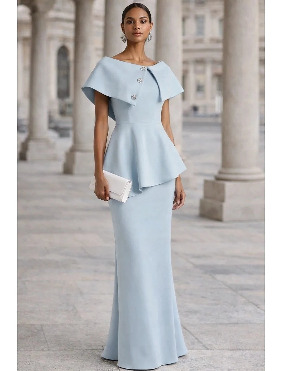 Elegant Mermaid Boat Neck Short Sleeve Peplum Sky Blue Floor Length Evening Dress
