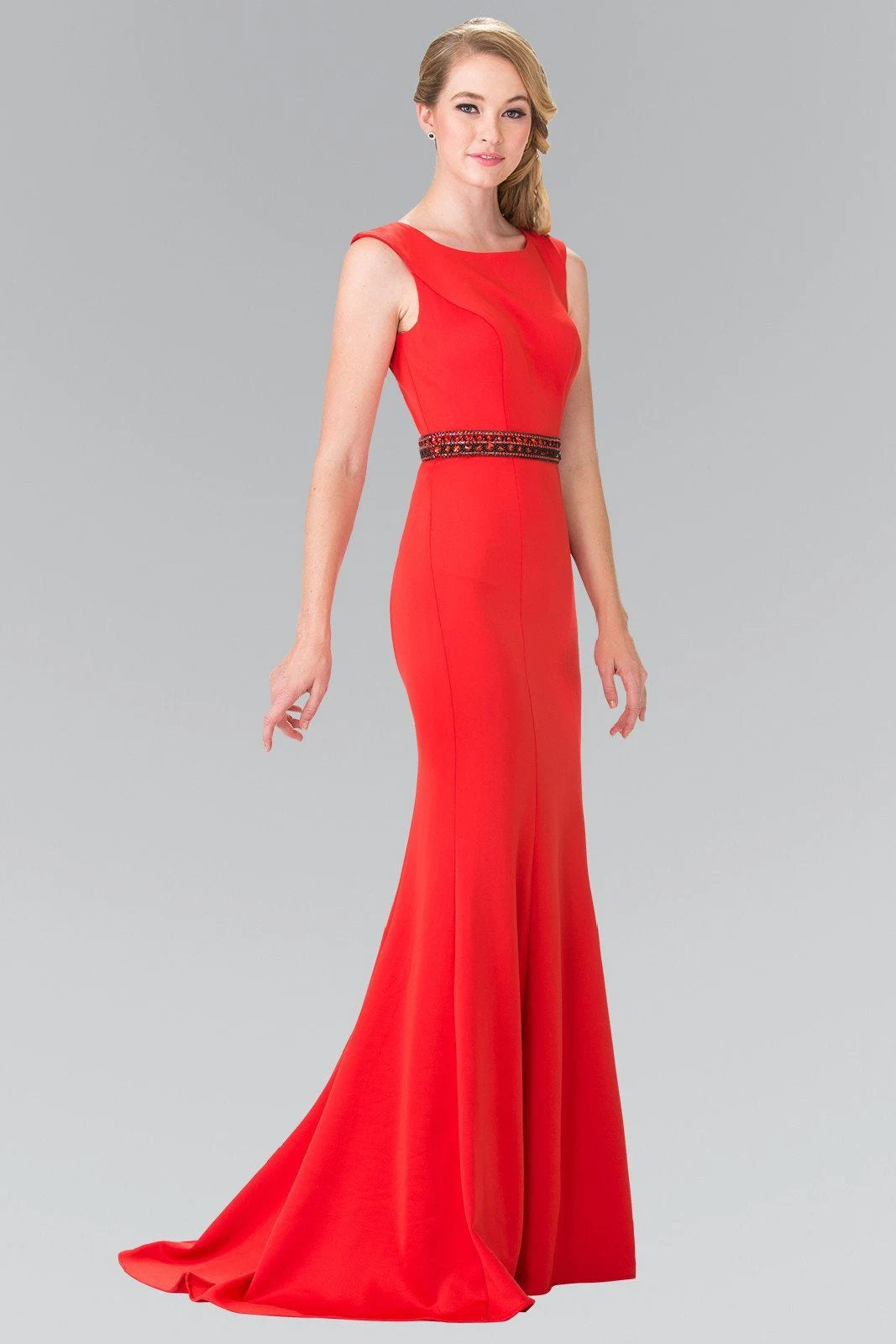 Elegant Mermaid Boat Neck Sleeveless Beaded Open Back Red Prom Gown