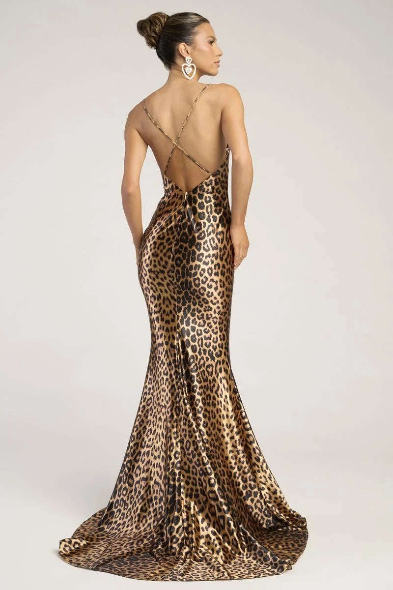 Elegant Mermaid Cowl Neck Sleeveless Backless Leopard Print Floor-Length Prom Dresses Gown