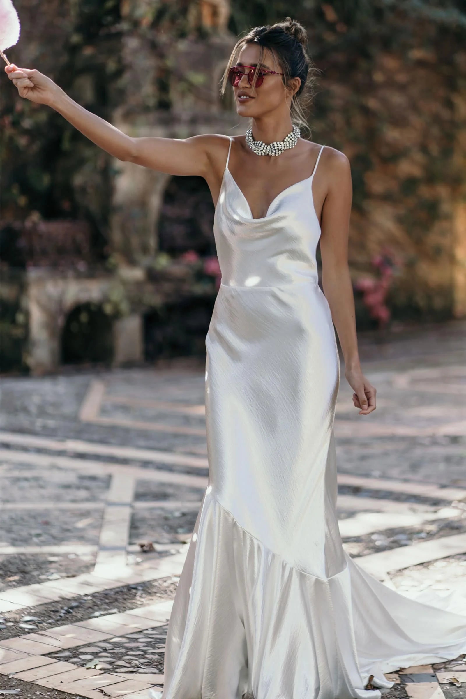 Elegant Mermaid Cowl Neck Sleeveless Backless Ruffled Ivory Floor-Length Wedding Dresses