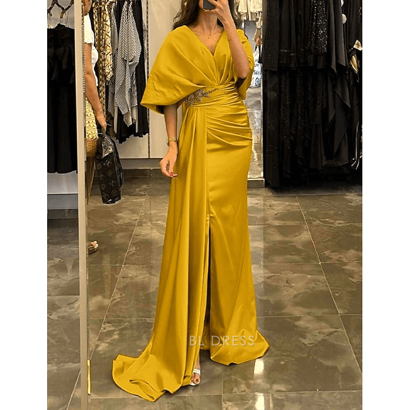 Elegant Mermaid Draped V-Neck Batwing Glamorous Golden Yellow Floor-Length Evening Dresses Women's Gown