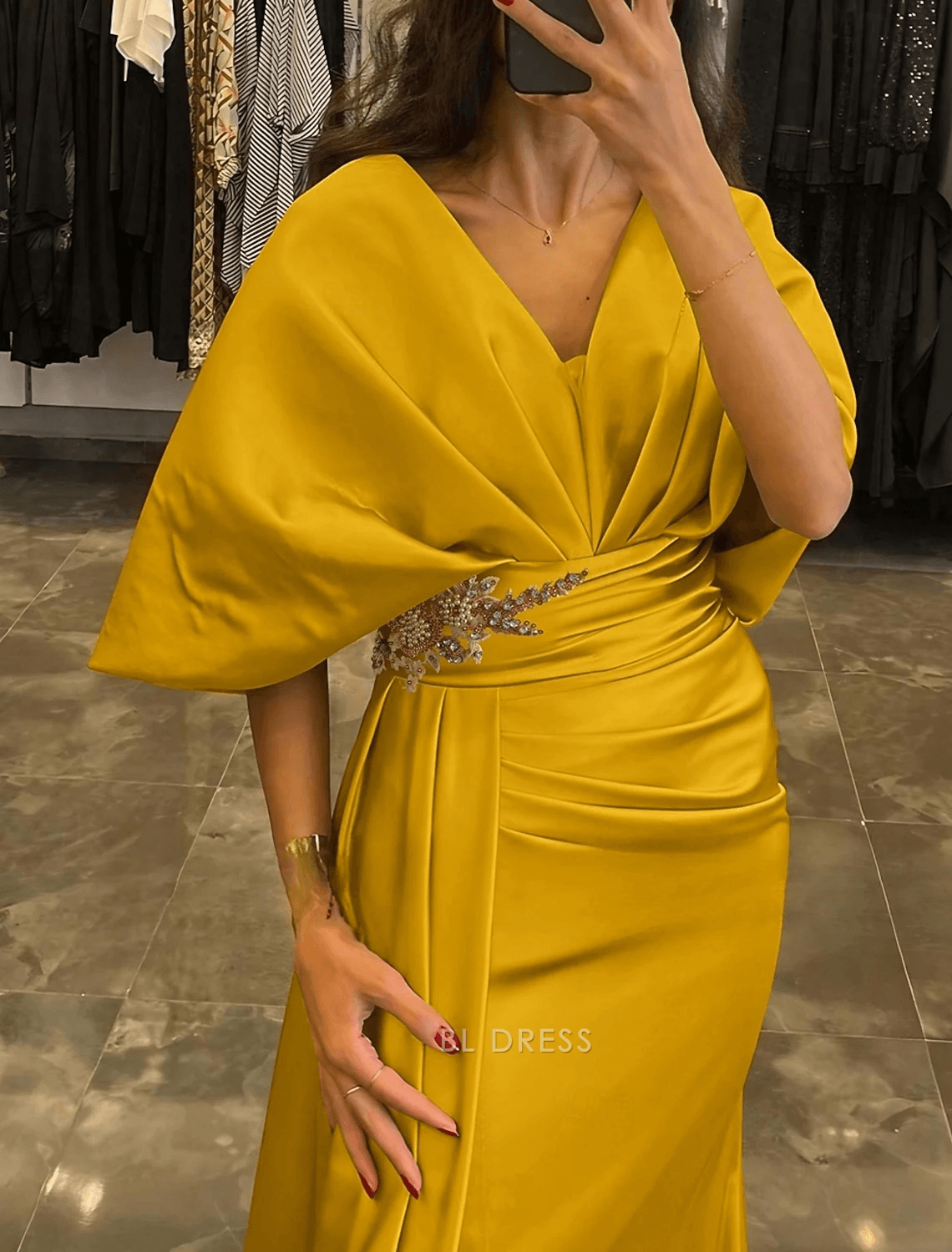 Elegant Mermaid Draped V-Neck Batwing Glamorous Golden Yellow Floor-Length Evening Dresses Women's Gown