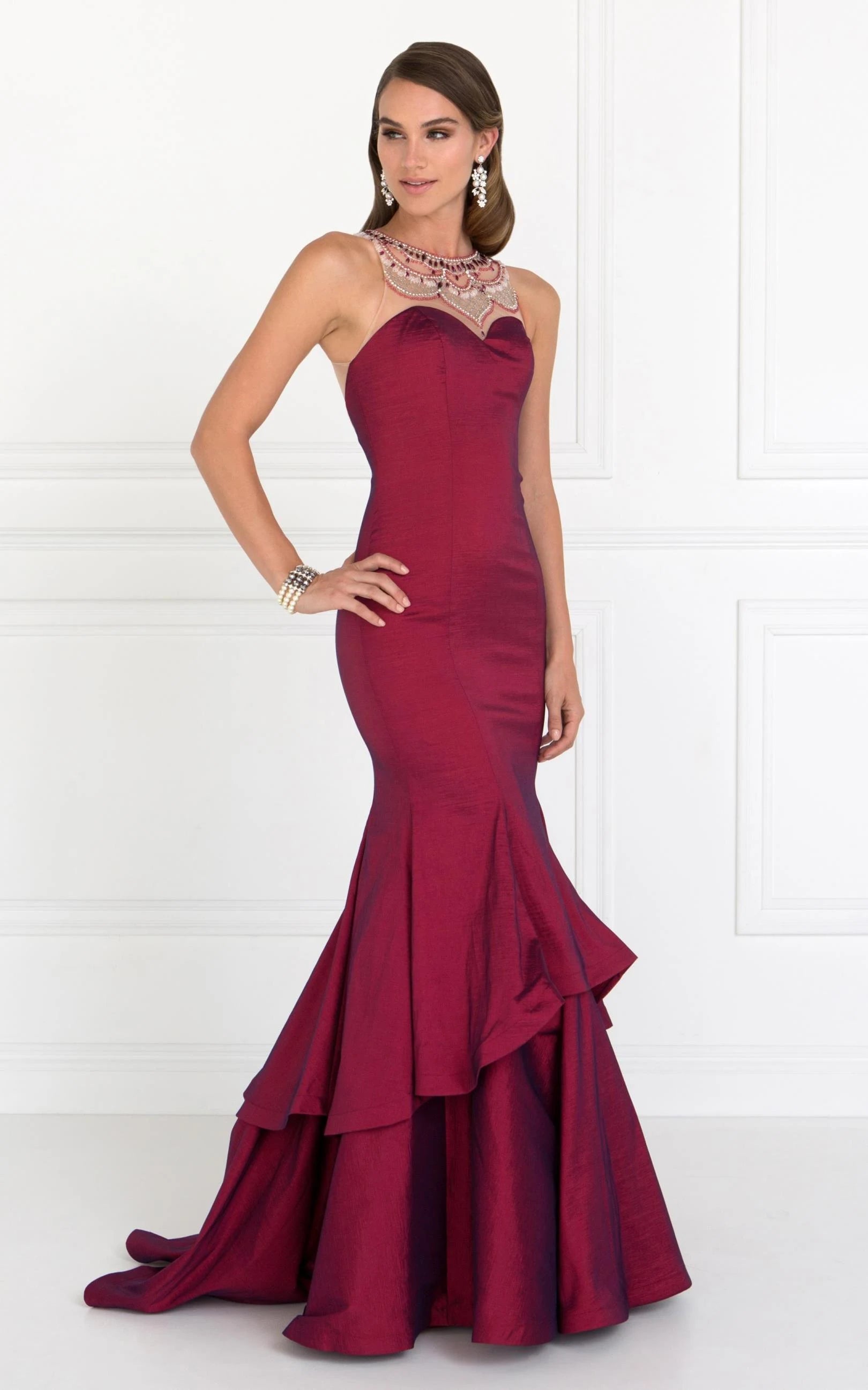 Elegant Mermaid Embellished Sleeveless Beaded Tiered Burgundy Floor-Length Prom Gown