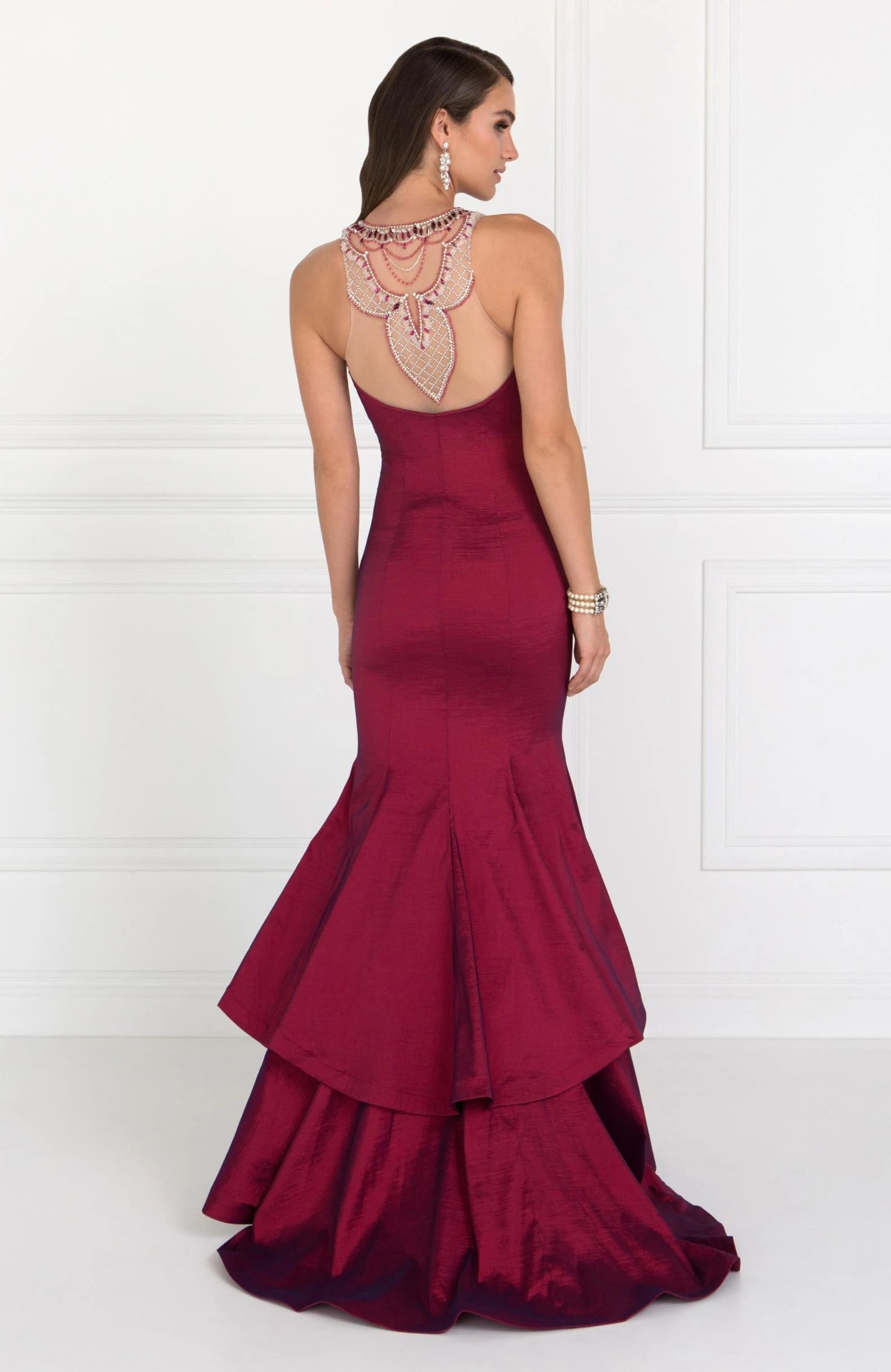 Elegant Mermaid Embellished Sleeveless Beaded Tiered Burgundy Floor-Length Prom Gown