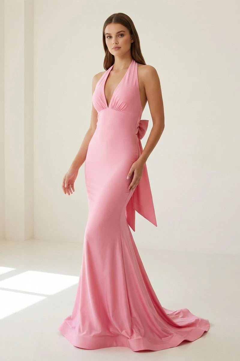 Elegant Mermaid Halter Sleeveless Backless Bow Pink Maxi Prom Dresses Women Gown