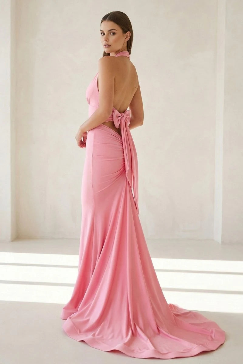Elegant Mermaid Halter Sleeveless Backless Bow Pink Maxi Prom Dresses Women Gown