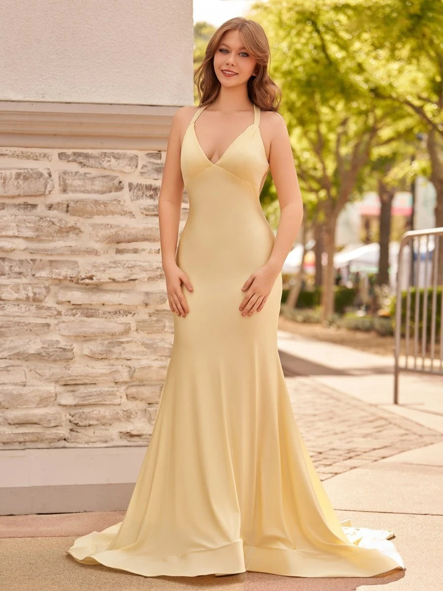 Elegant Mermaid Halter Sleeveless Backless Draped Yellow Prom Dresses For Women