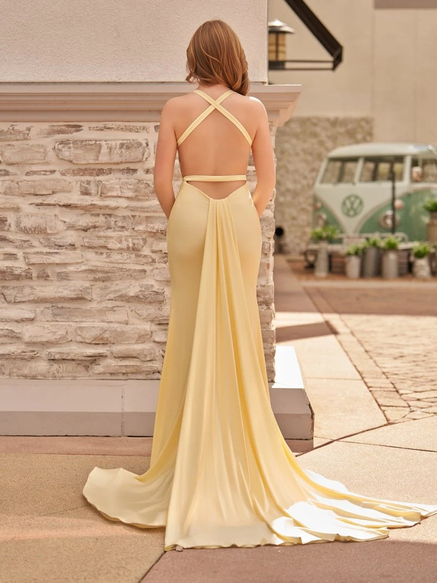 Elegant Mermaid Halter Sleeveless Backless Draped Yellow Prom Dresses For Women