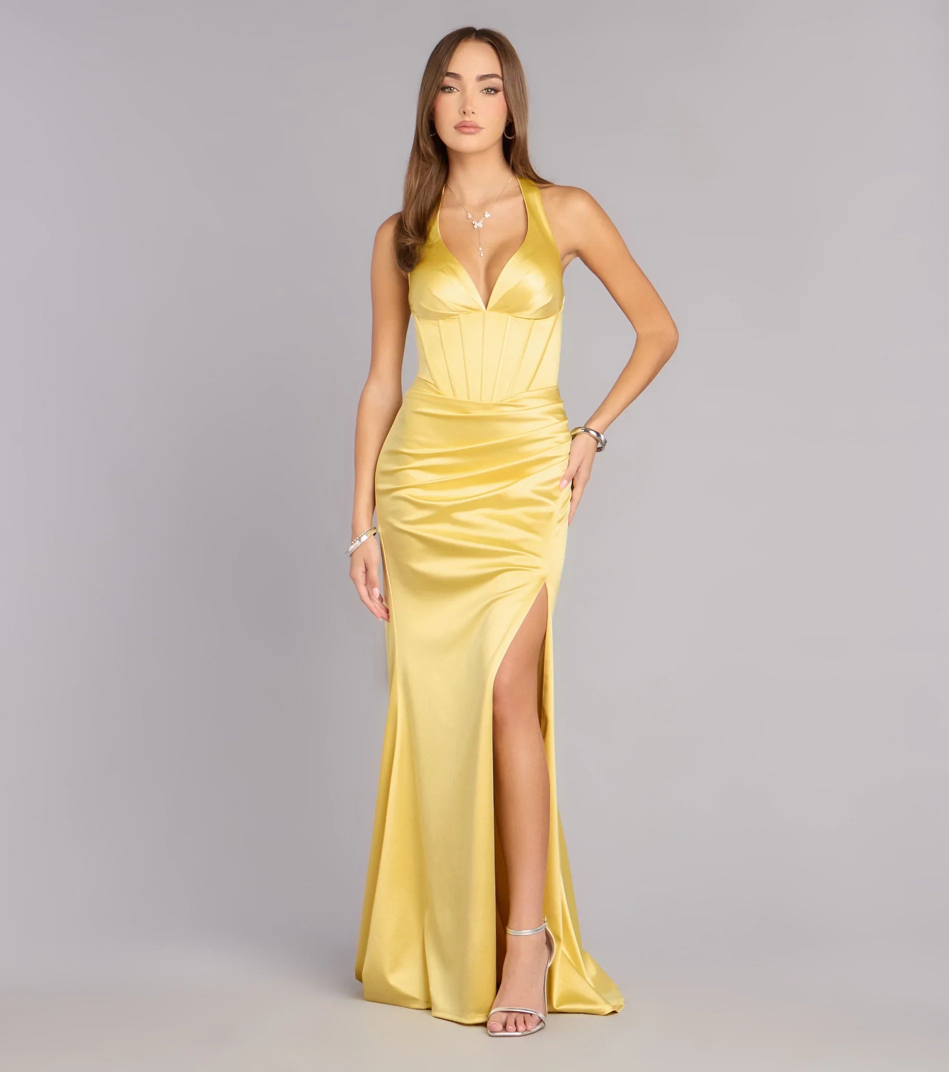 Elegant Mermaid Halter Sleeveless Corset High Slit Yellow Floor-Length Prom Dress