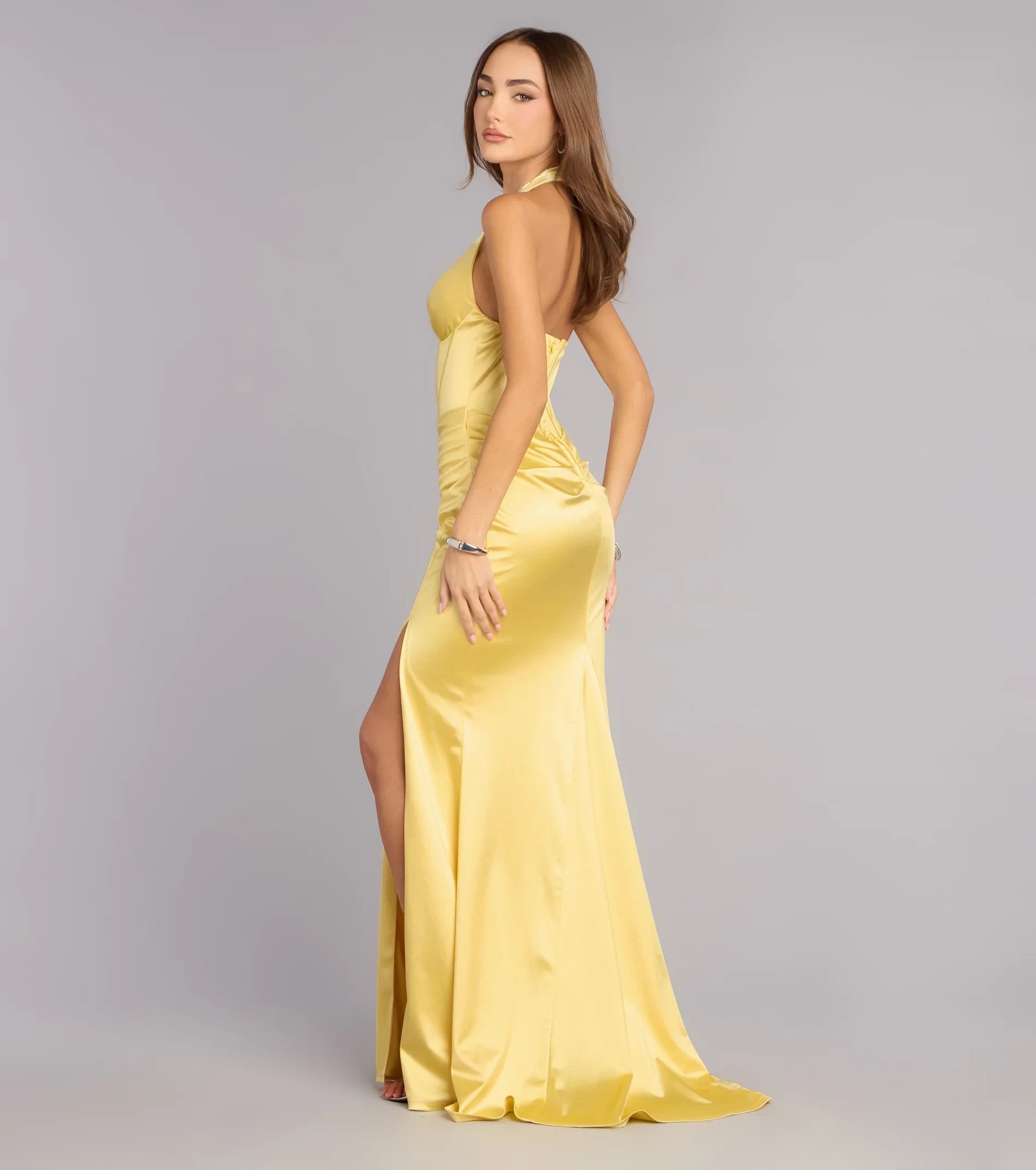Elegant Mermaid Halter Sleeveless Corset High Slit Yellow Floor-Length Prom Dress