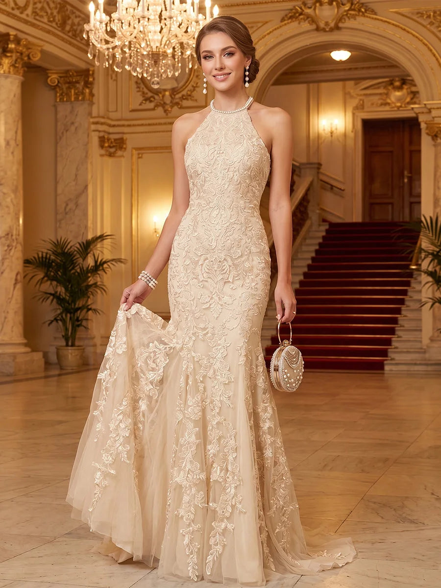 Elegant Mermaid Halter Sleeveless Embellished Open-Back Champagne Floor-Length Prom Dresses for Women Formal