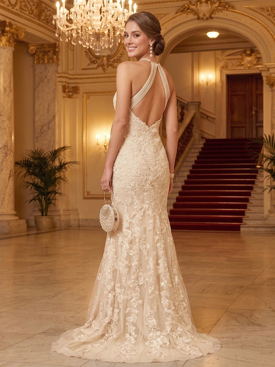 Elegant Mermaid Halter Sleeveless Embellished Open-Back Champagne Floor-Length Prom Dresses for Women Formal