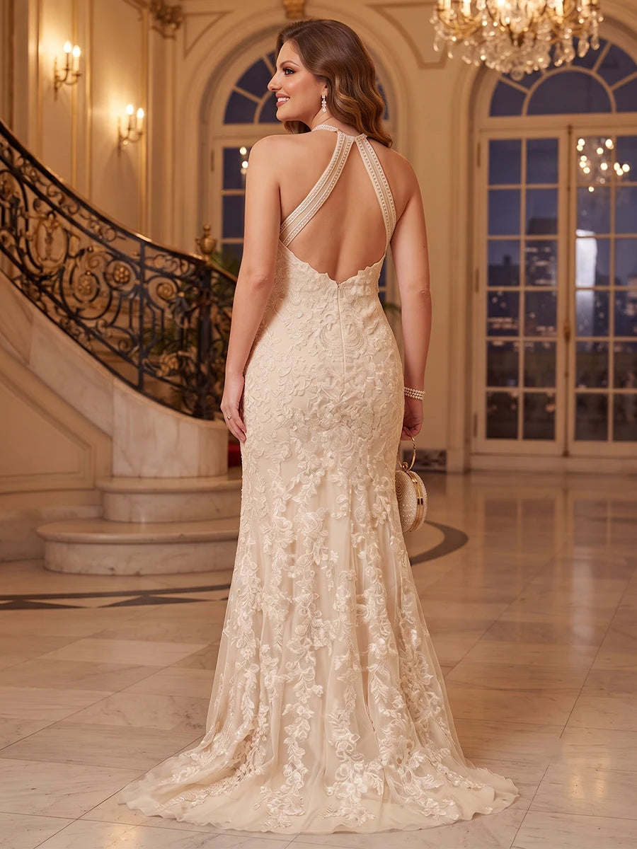 Elegant Mermaid Halter Sleeveless Embroidered Backless Champagne Floor-Length Prom Dresses Women's Gown
