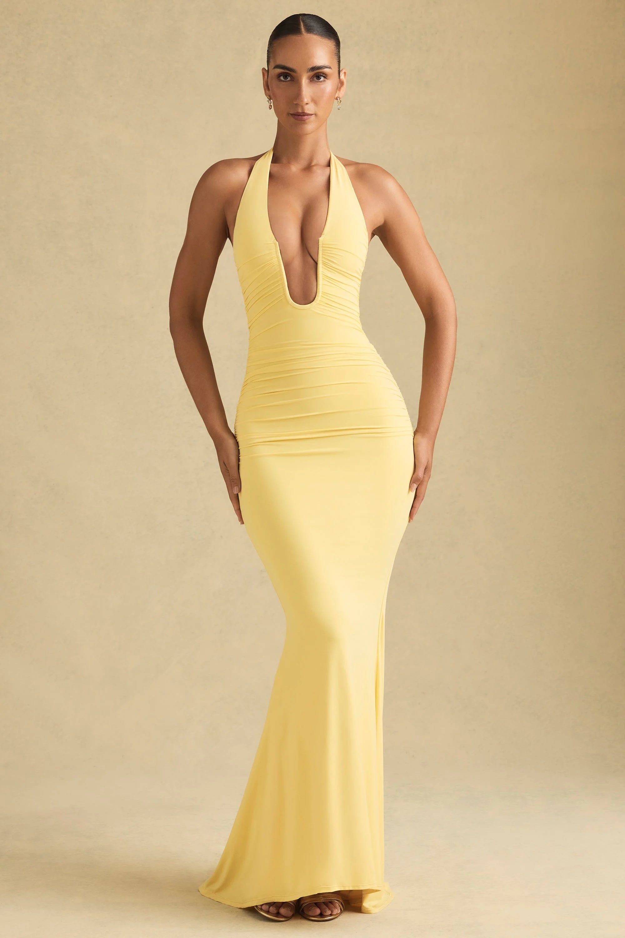 Elegant Mermaid Halter Sleeveless Ruched Backless Yellow Floor-Length Prom Dress Women's Gown
