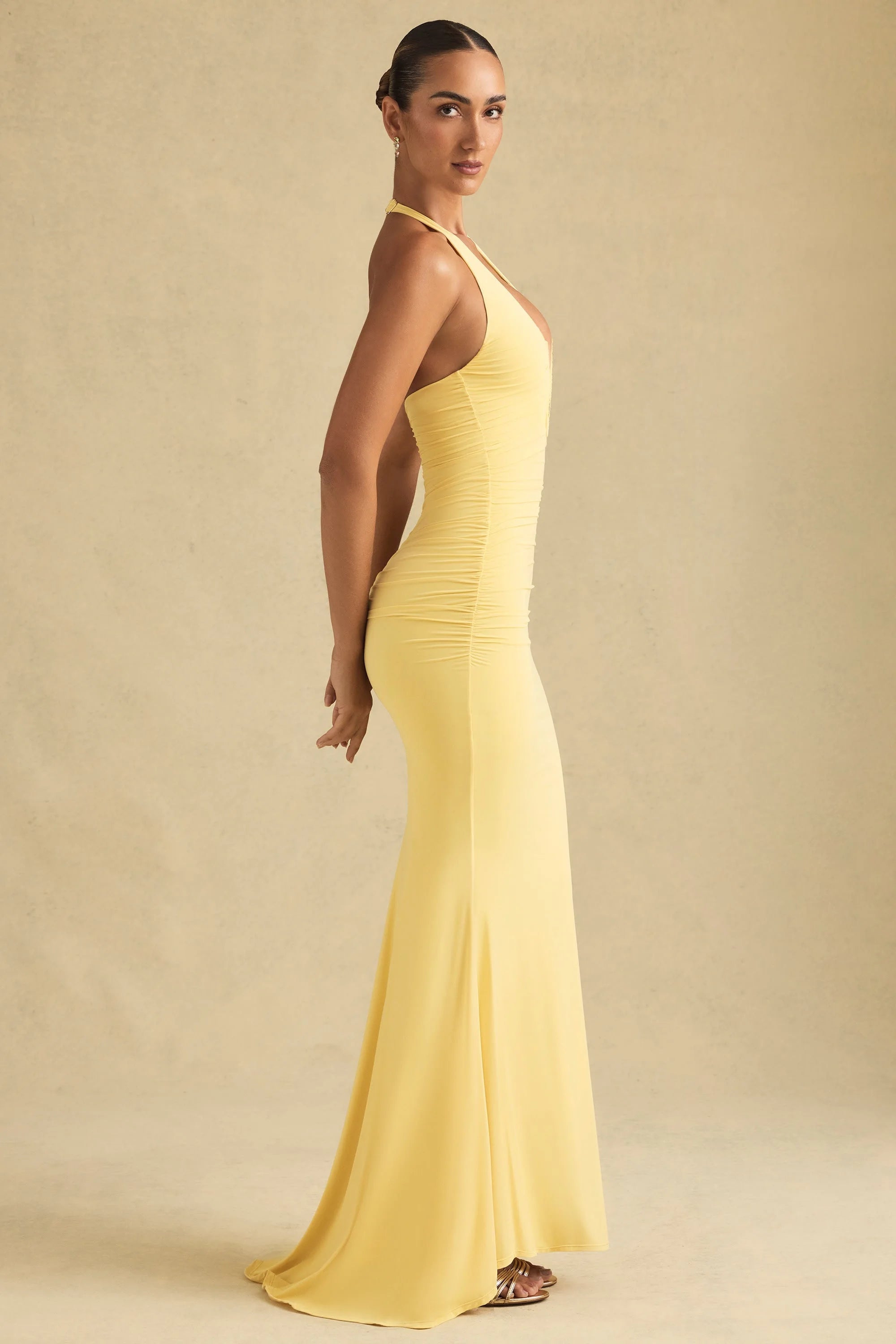Elegant Mermaid Halter Sleeveless Ruched Backless Yellow Floor-Length Prom Dress Women's Gown