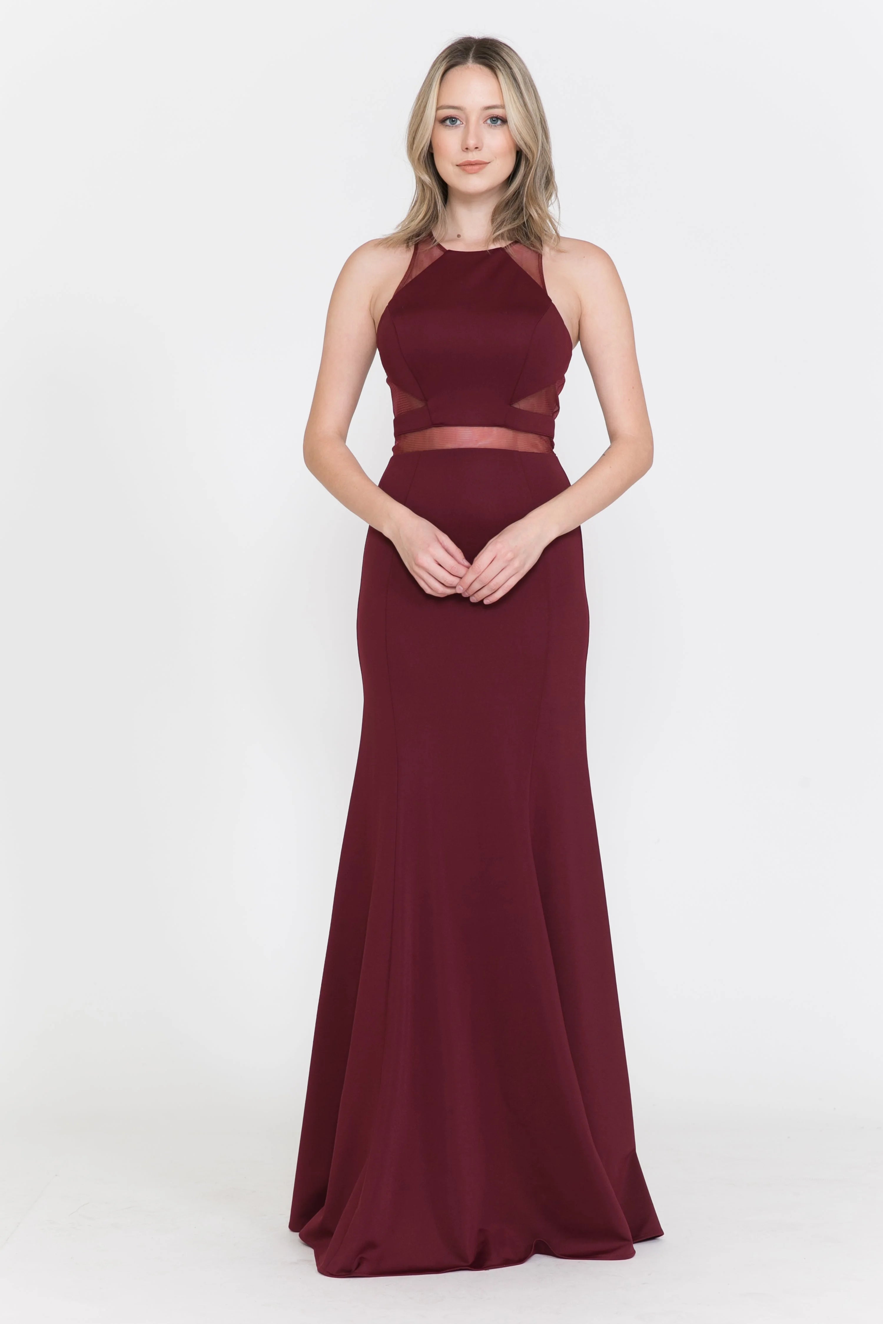 Elegant Mermaid Halter Sleeveless Sheer Cutout Burgundy Floor-Length Prom Dresses Women's Gown