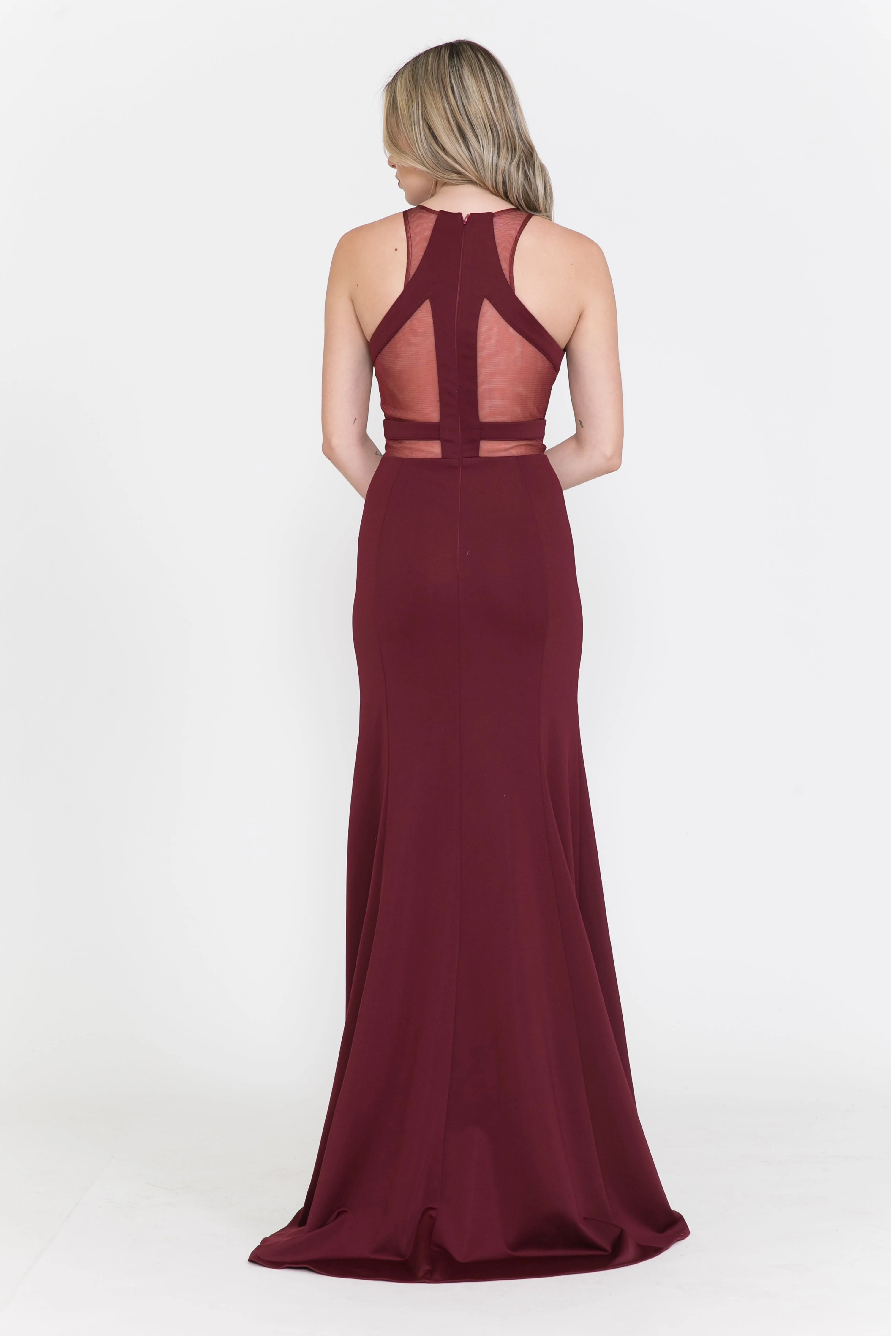 Elegant Mermaid Halter Sleeveless Sheer Cutout Burgundy Floor-Length Prom Dresses Women's Gown