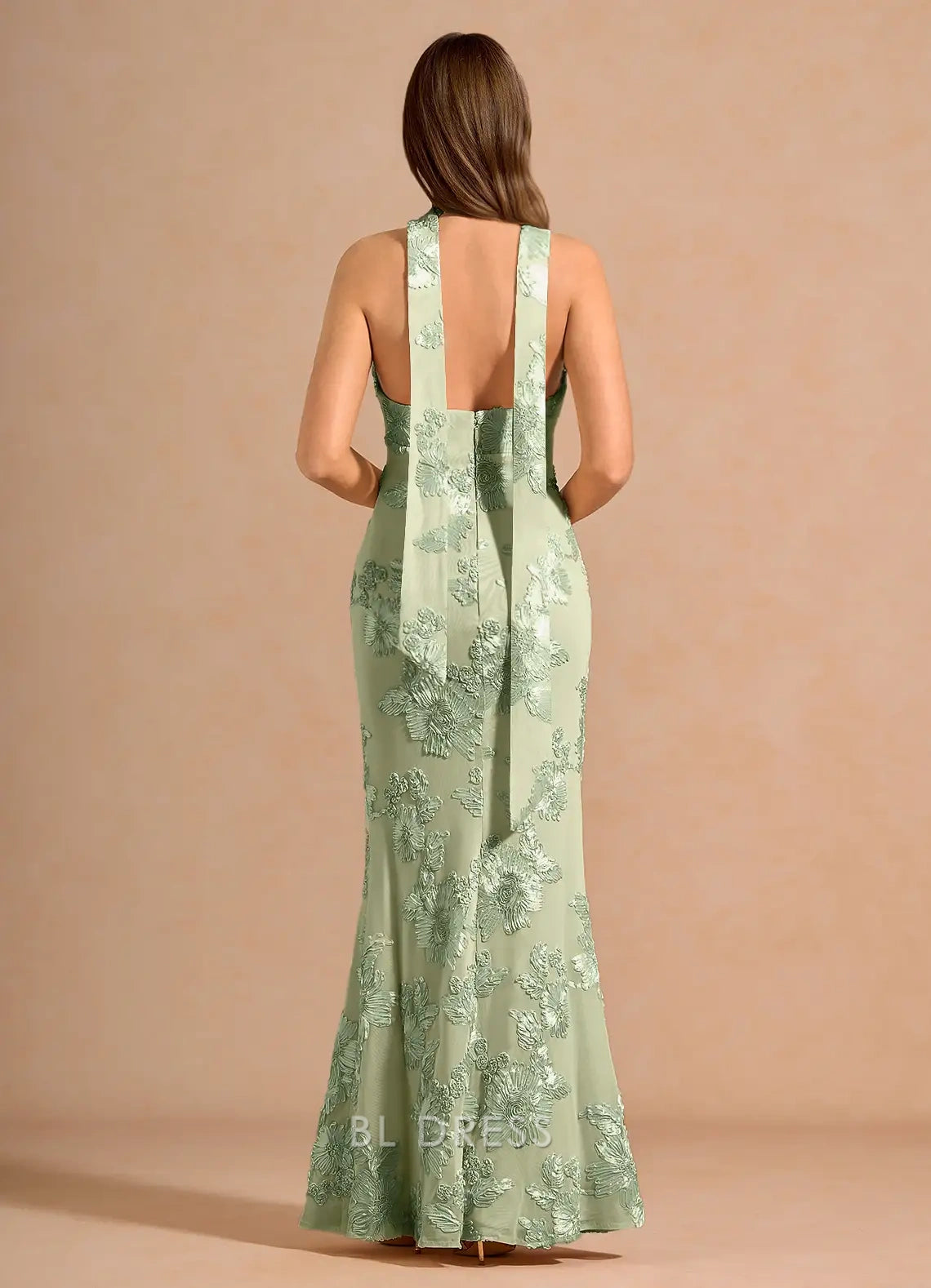 Elegant Mermaid Halter V-Neck Sleeveless Floral Backless Sage Green Floor-Length Prom Gown