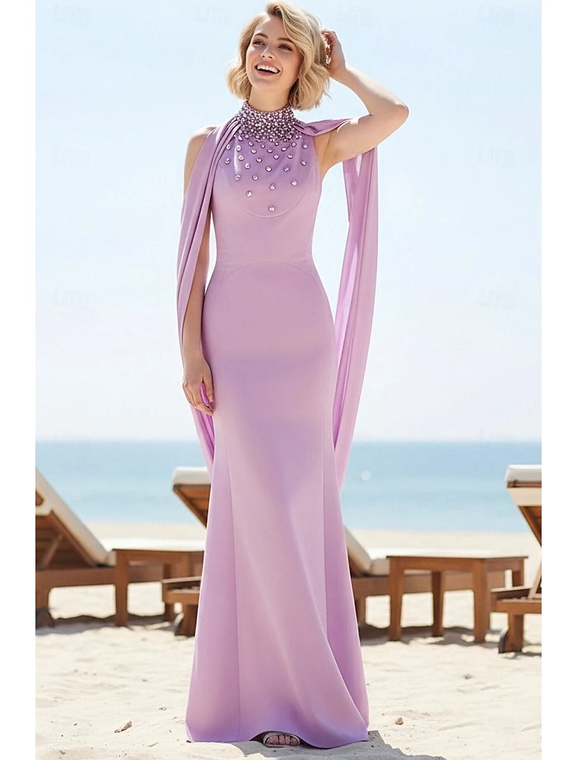 Elegant Mermaid High Neck Beaded Cape Lavender Floor-Length Prom Dress Women's