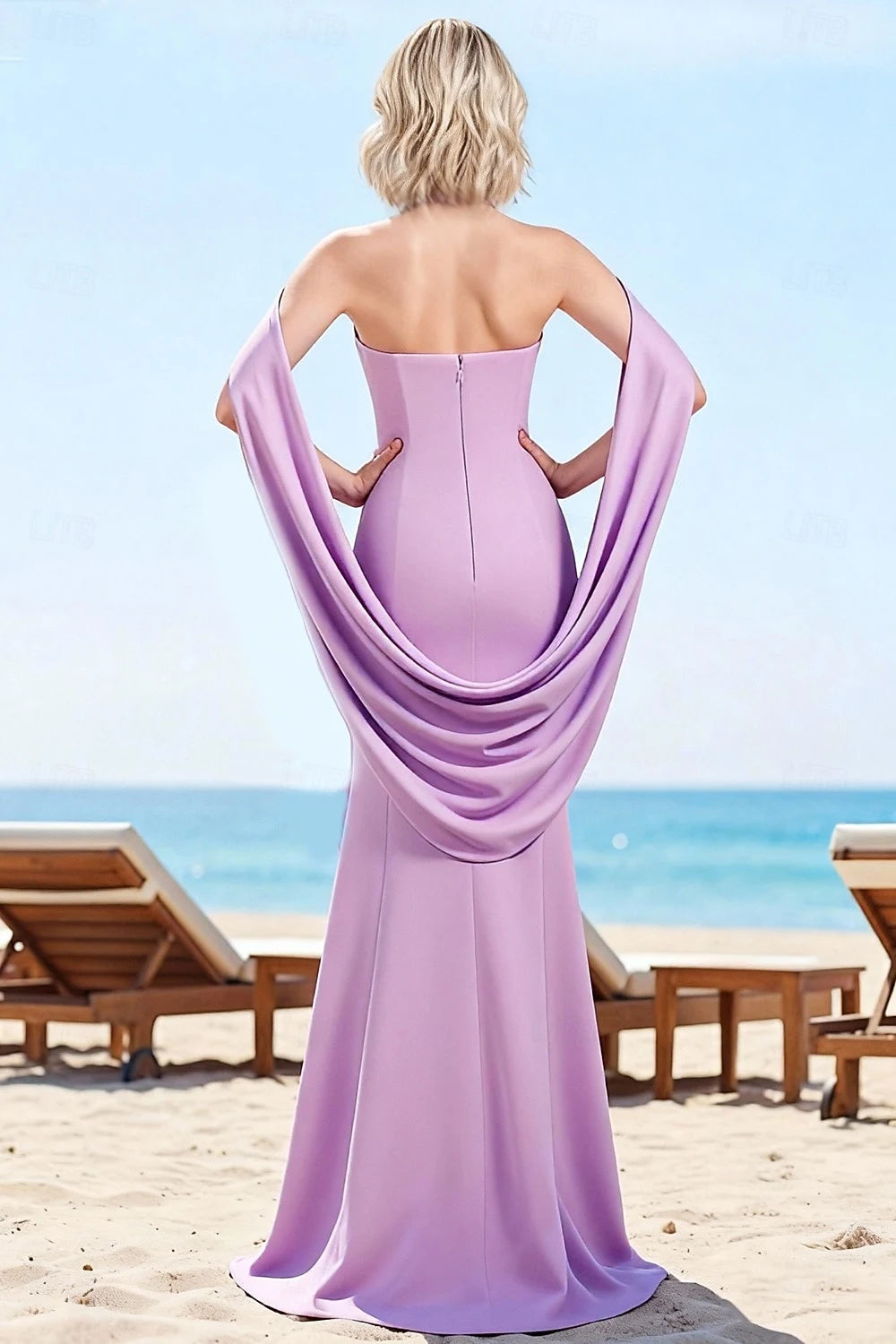 Elegant Mermaid High Neck Beaded Cape Lavender Floor-Length Prom Dress Women's