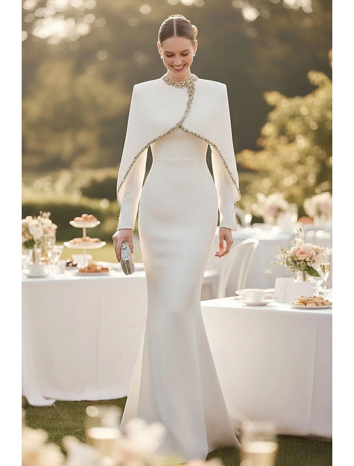 Elegant Mermaid High Neck Long Sleeve Beaded White Floor-Length Evening Gown