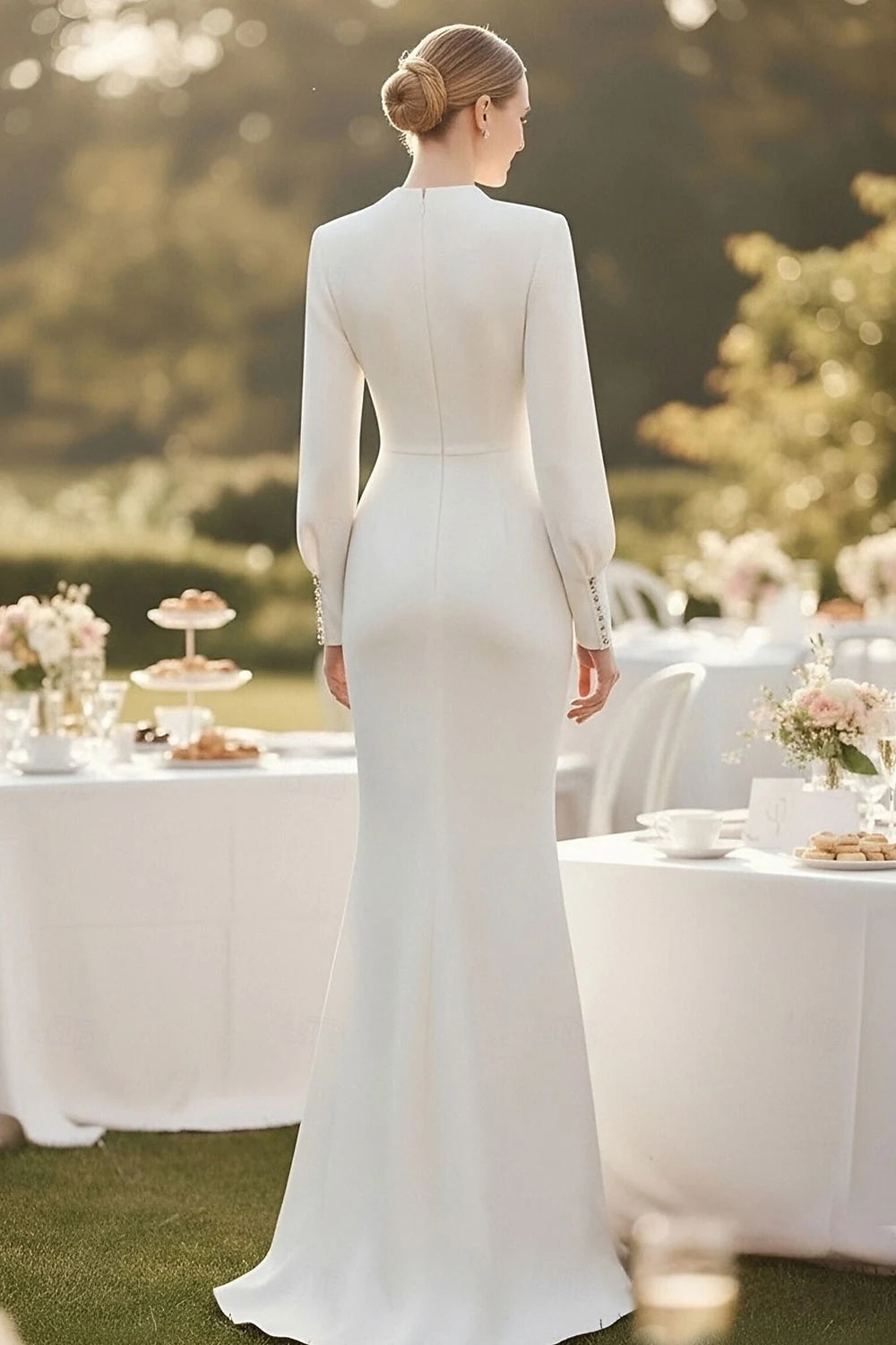 Elegant Mermaid High Neck Long Sleeve Beaded White Floor-Length Evening Gown