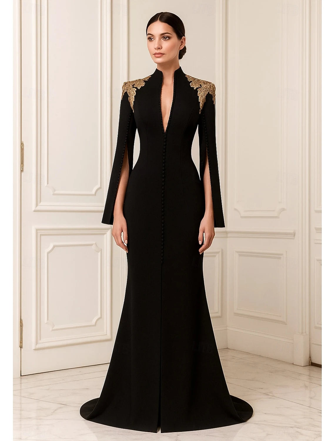 Elegant Mermaid High Neck Long Sleeve Embroidered Slit Black Floor-Length Evening Gown