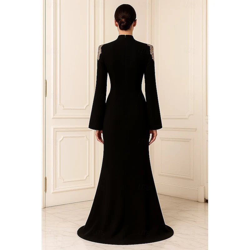 Elegant Mermaid High Neck Long Sleeve Embroidered Slit Black Floor-Length Evening Gown