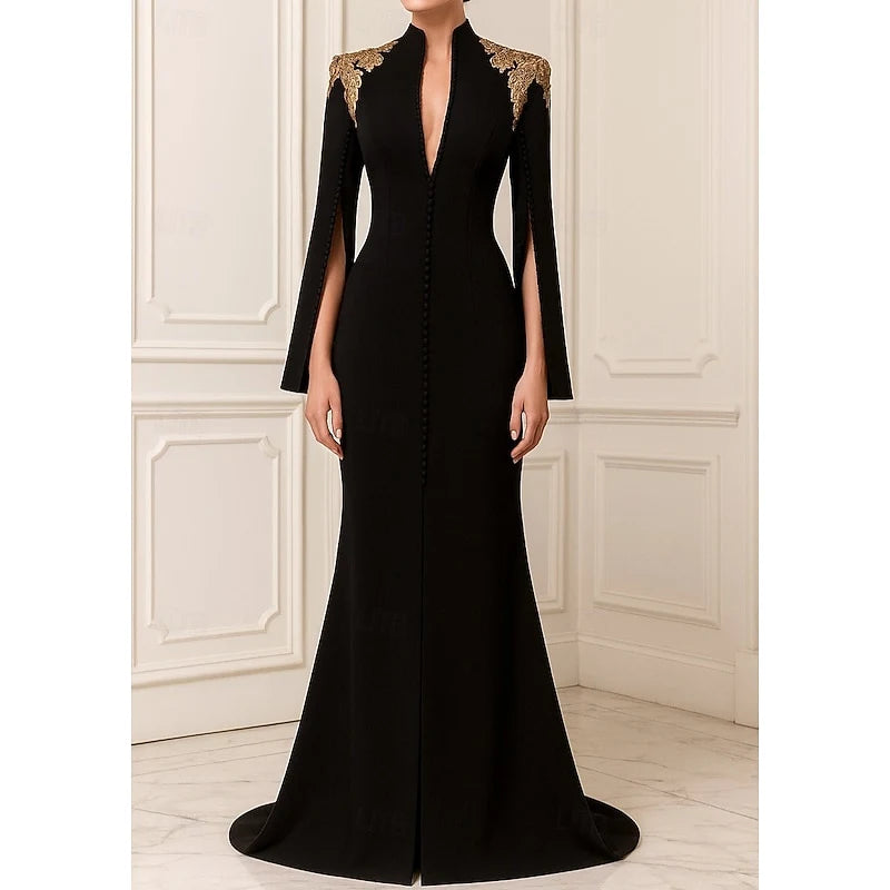 Elegant Mermaid High Neck Long Sleeve Embroidered Slit Black Floor-Length Evening Gown