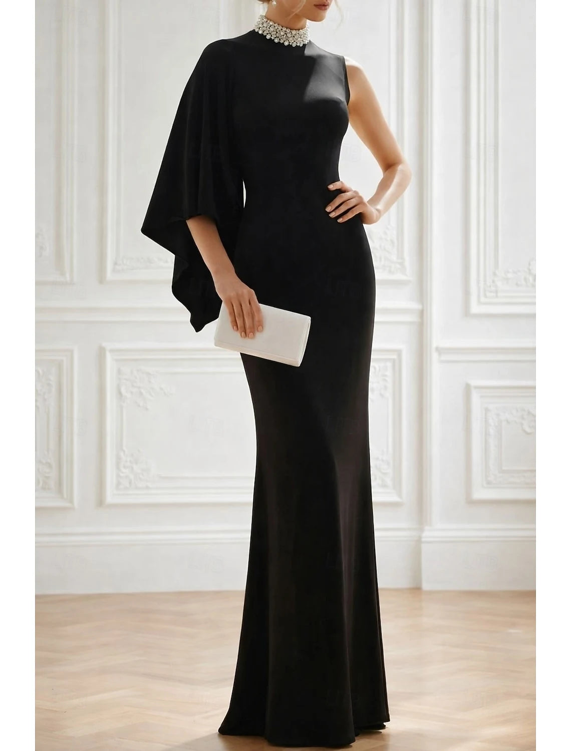 Elegant Mermaid High Neck One Shoulder Embellished Black Floor-Length Evening Dress Women's