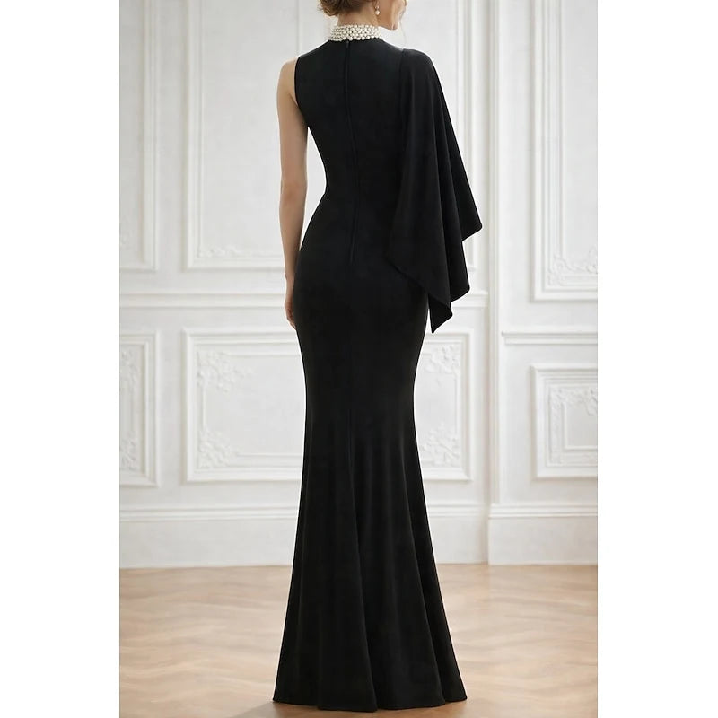 Elegant Mermaid High Neck One Shoulder Embellished Black Floor-Length Evening Dress Women's