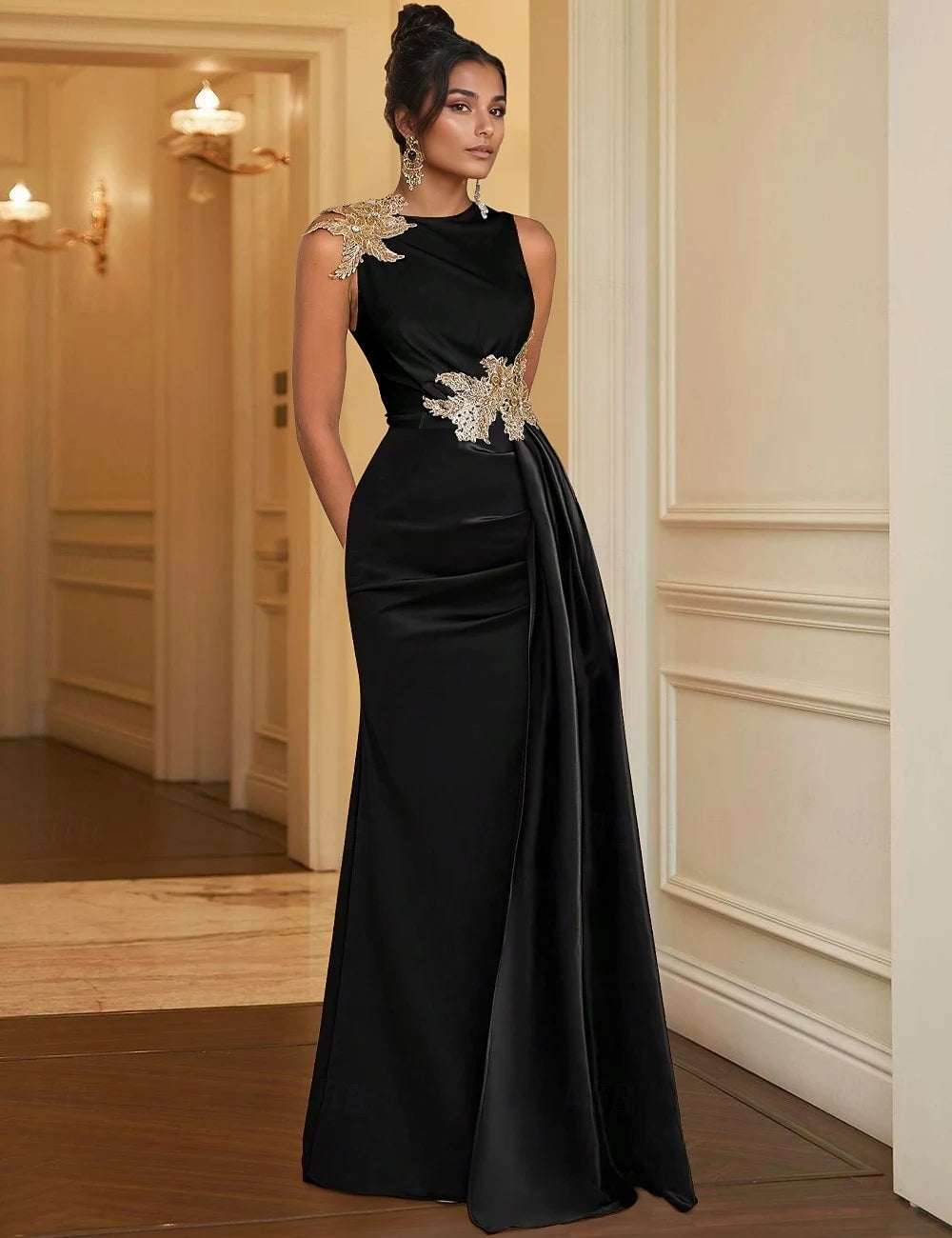 Elegant Mermaid High Neck Sleeveless Embroidered Draped Black Floor Evening Gown