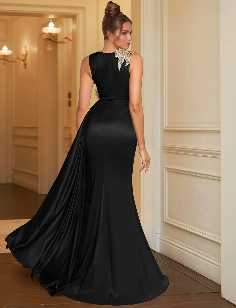 Elegant Mermaid High Neck Sleeveless Embroidered Draped Black Floor Evening Gown