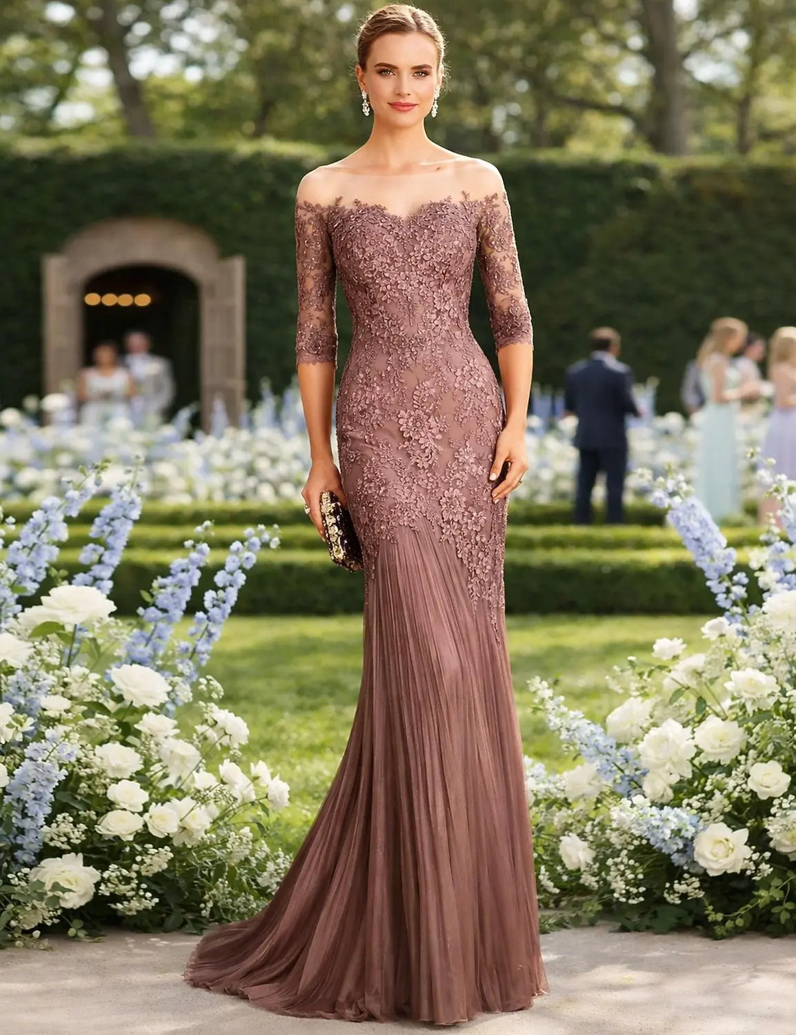 Elegant Mermaid Illusion Boat Neck Three-Quarter Sleeve Lace Dusty Rose Floor-Length Evening Gown