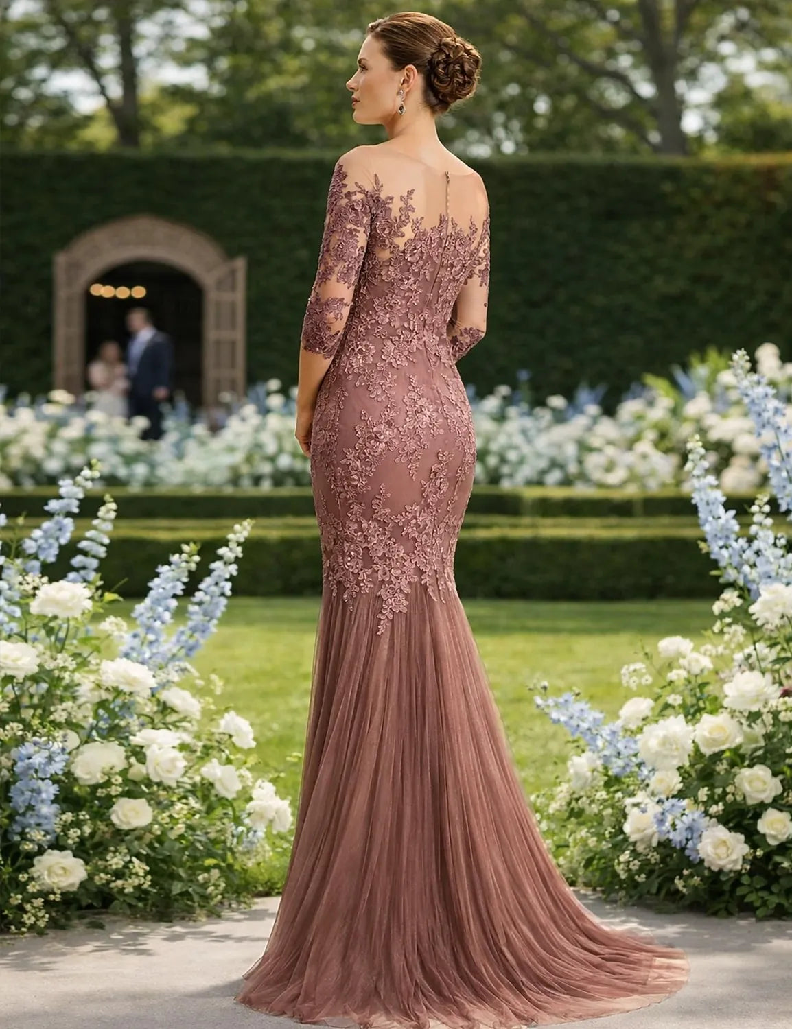 Elegant Mermaid Illusion Boat Neck Three-Quarter Sleeve Lace Dusty Rose Floor-Length Evening Gown