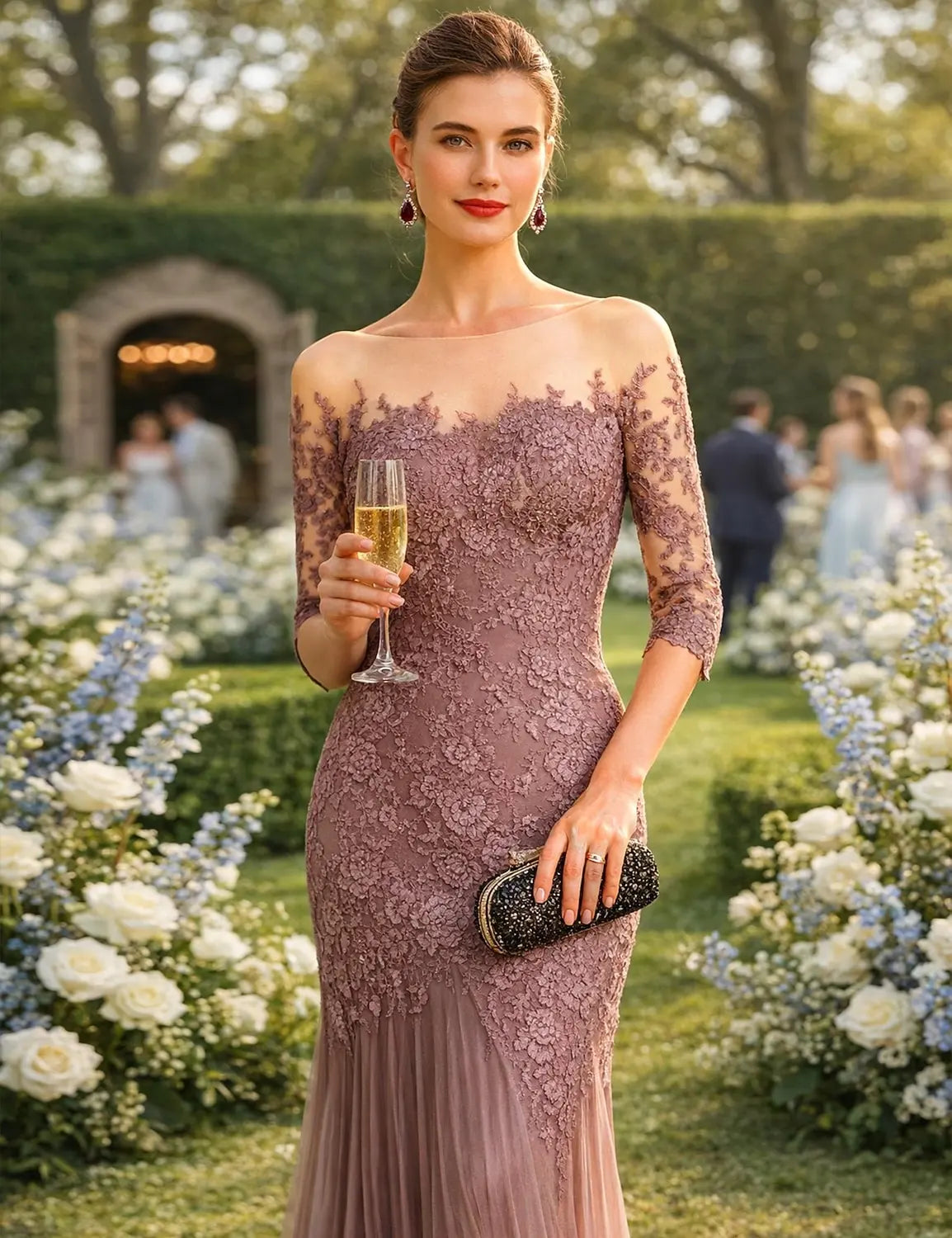 Elegant Mermaid Illusion Boat Neck Three-Quarter Sleeve Lace Dusty Rose Floor-Length Evening Gown
