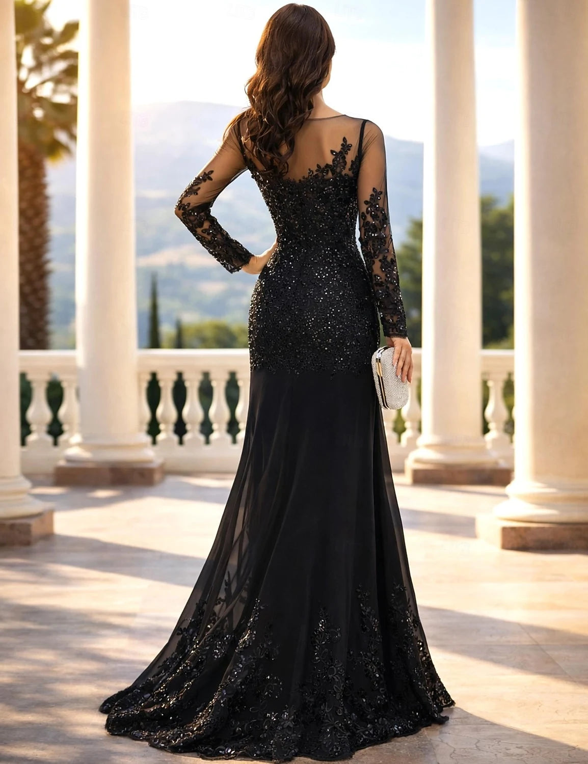 Elegant Mermaid Illusion Neck Long Sleeve Sequin Black Floor-Length Evening Dresses Gown